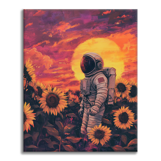 Astronautti auringonkukkakentillä - maalaa numeroilla