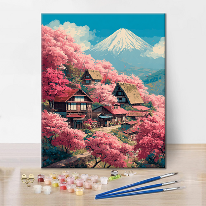 Sakura-huvila Fuji-vuorella - Maalaa numeroilla