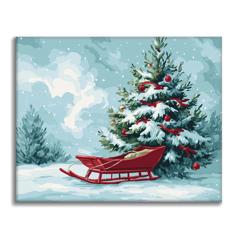 Joulukuusi ja kelkka - Maalaa numeroiden mukaan – Cheerful painting® (FI)