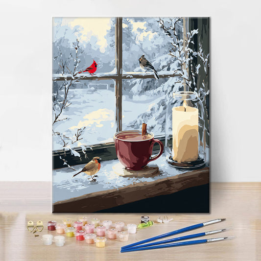 Talvinen ikkunakohtaus - Maalaa numeroiden mukaan